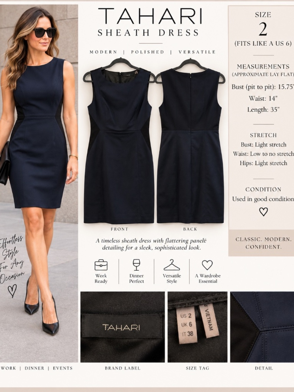 Tahari Navy & Black Structured Sheath Dress – Size 2